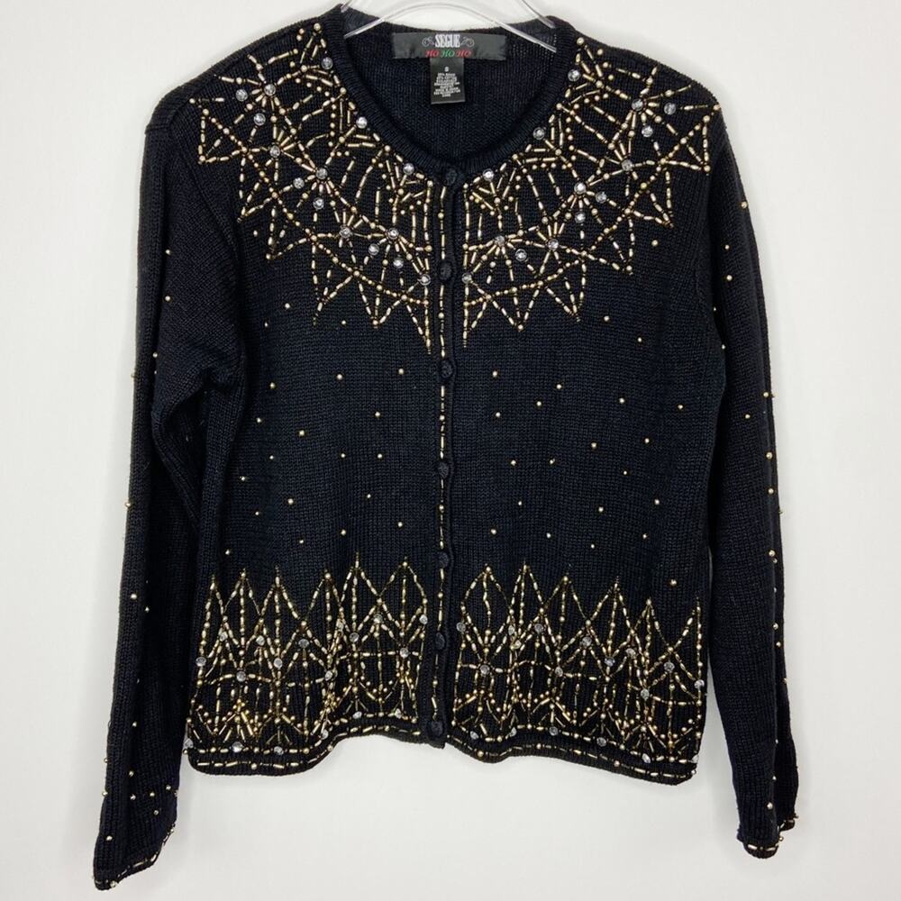 Vintage Segue Cottagecore Gold Beading Holiday Sweater Snowflake Pattern Sz S